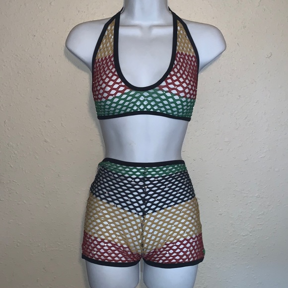 Swim/Dance-wear BRAND NEW NET two piece Jamaican colors bedazzled HAND MADE